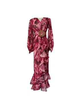 Bronx and Banco Rose-Pink Floral Wrap Maxi with Statement Belt